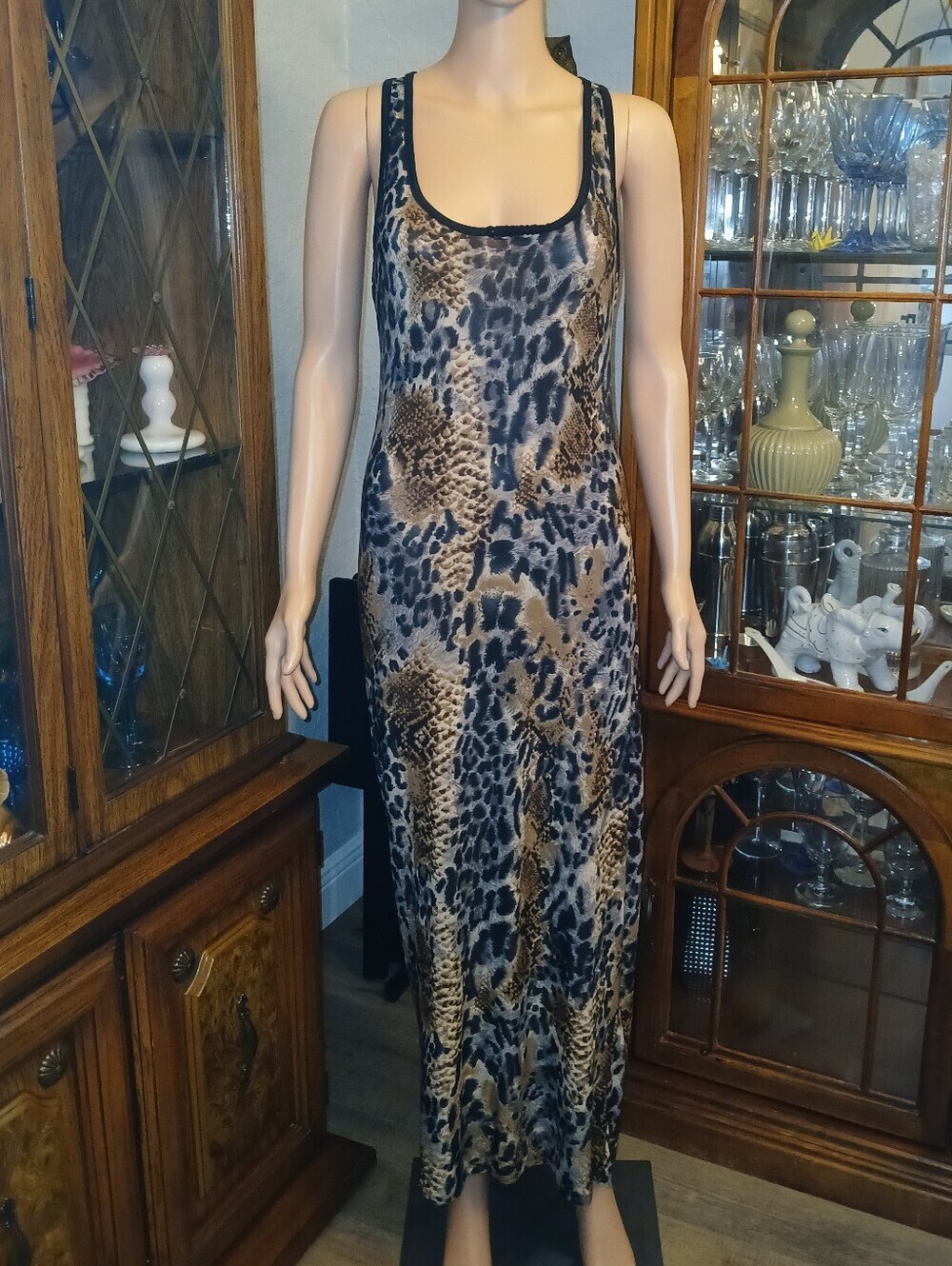 Sleeveless Animal Print Maxi Dress in Tan and Black